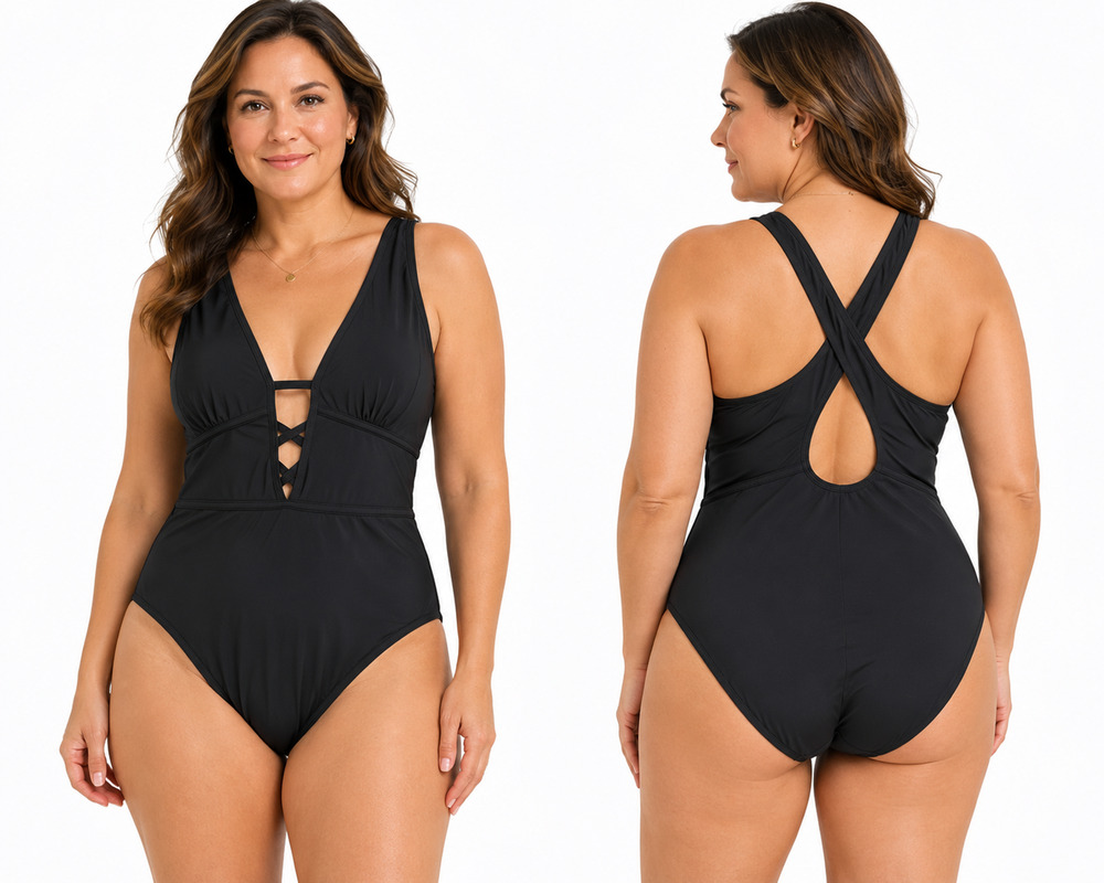 Flatter Me Black One Piece Swimsuit Bathing Suit Criss Cross Back NWT sz L